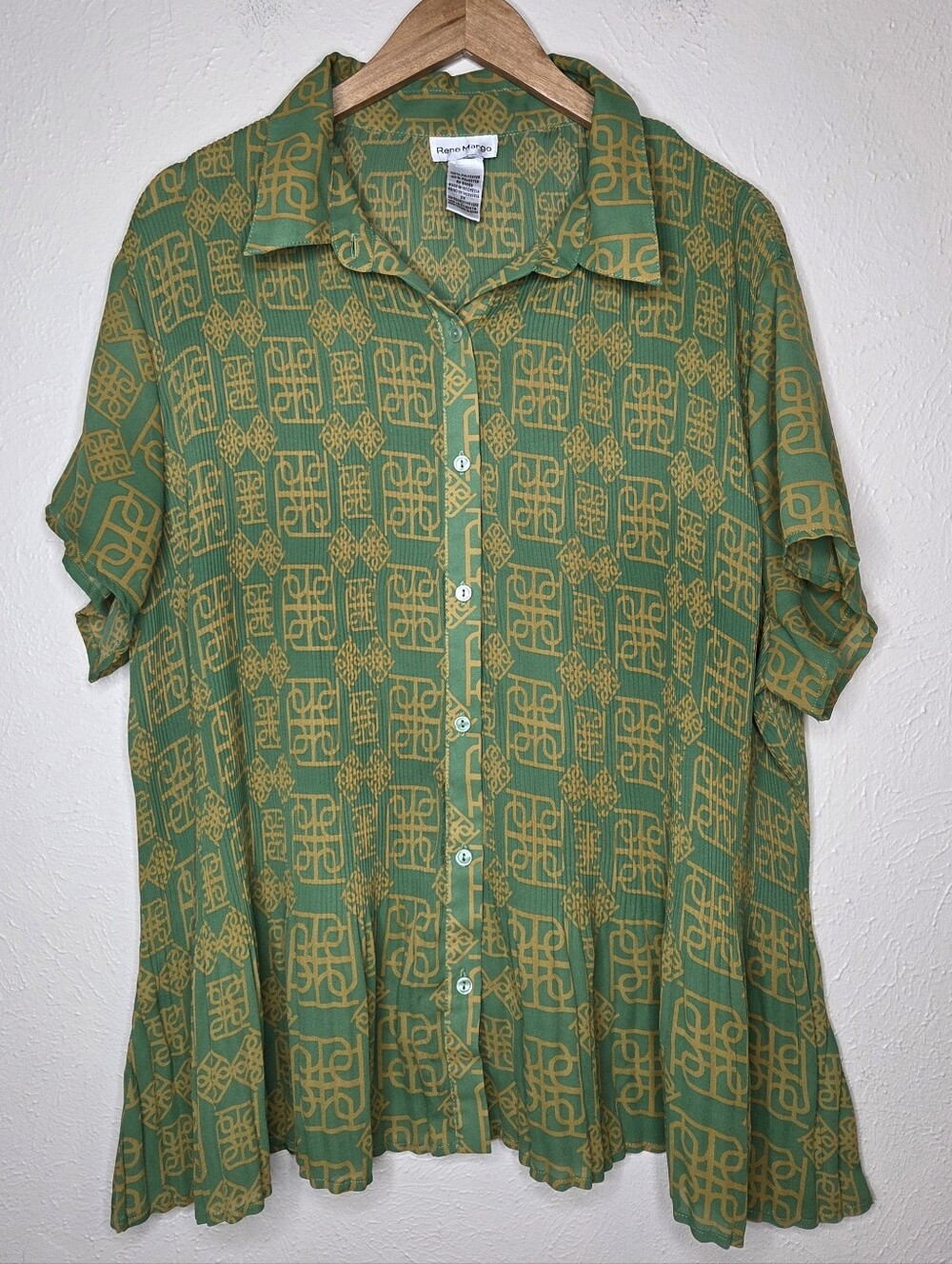 Rene Margo Green Gold Geometric Print Pleated Swing Blouse Crinkle Size 3X